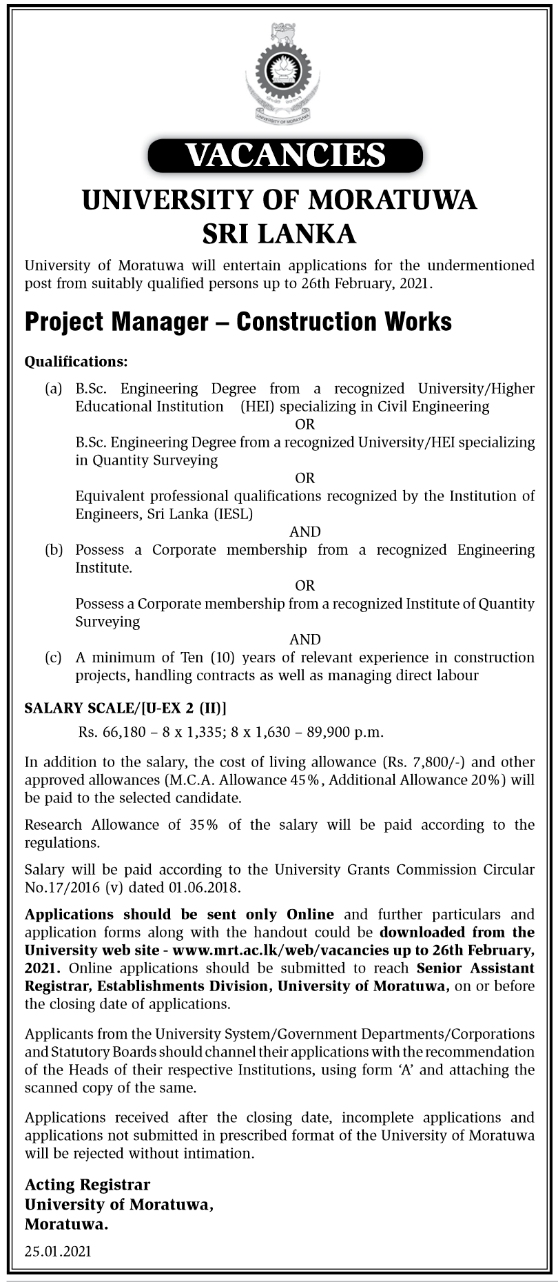 Project Manager (Construction Works) – University of Moratuwa
