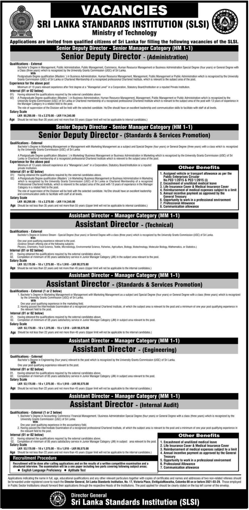 Senior Deputy Director, Assistant Director – Sri Lanka Standards Institution 2