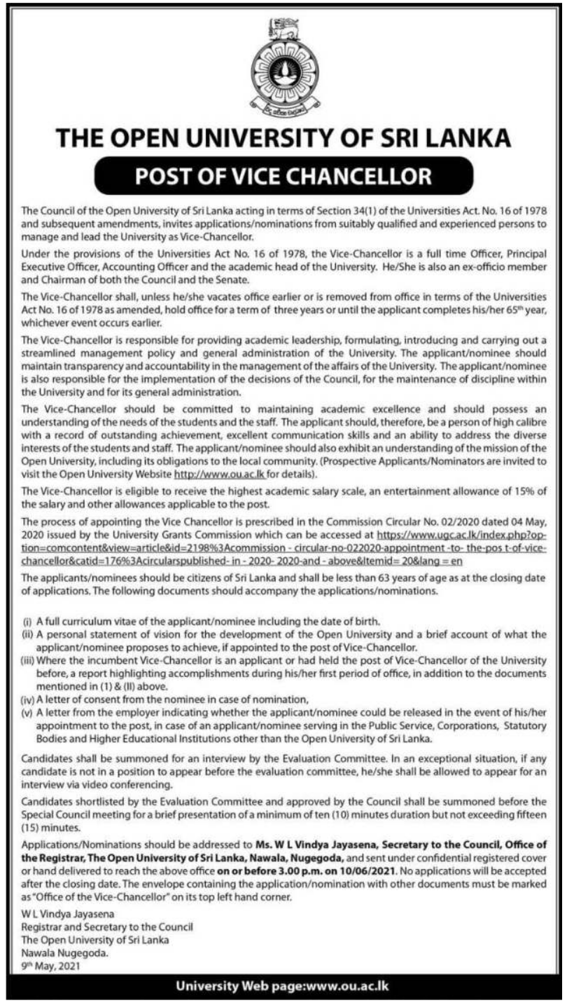 Vice Chancellor – Open University of Sri Lanka