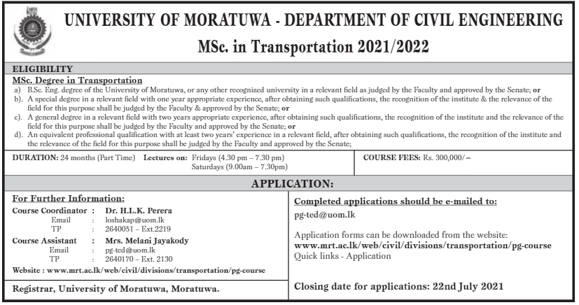 M.Sc. in Transportation 2021 / 2022 – Department of Civil Engineering – University of Moratuwa