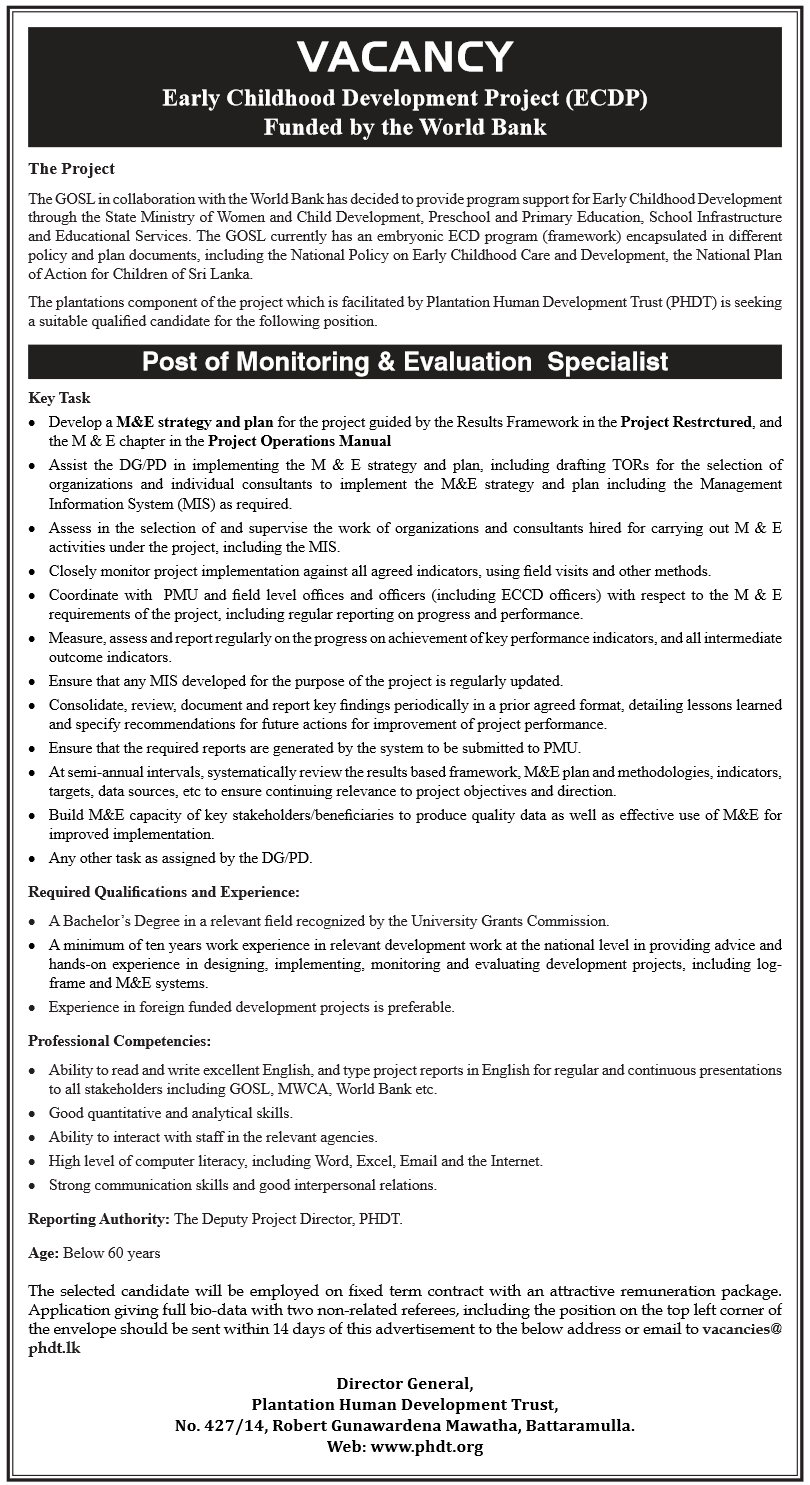 Monitoring and Evaluation Specialist 2021 – Early Childhood Development Project