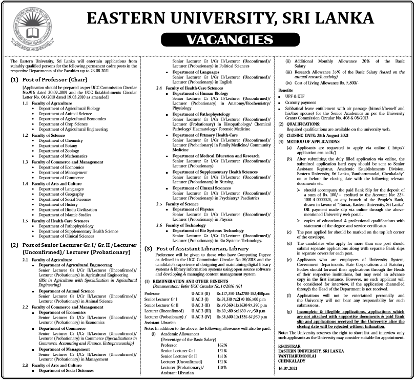 Professor; Senior Lecturer (Grade I / II); Lecturer (Unconfirmed); Lecturer (Probationary); Assistant Librarian 2021 – Eastern University