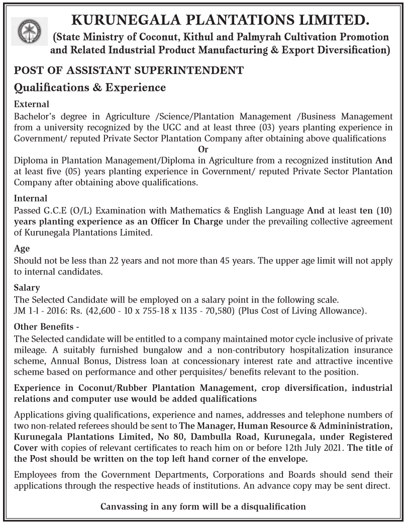 Assistant Superintendent 2021 – Kurunegala Plantations Limited