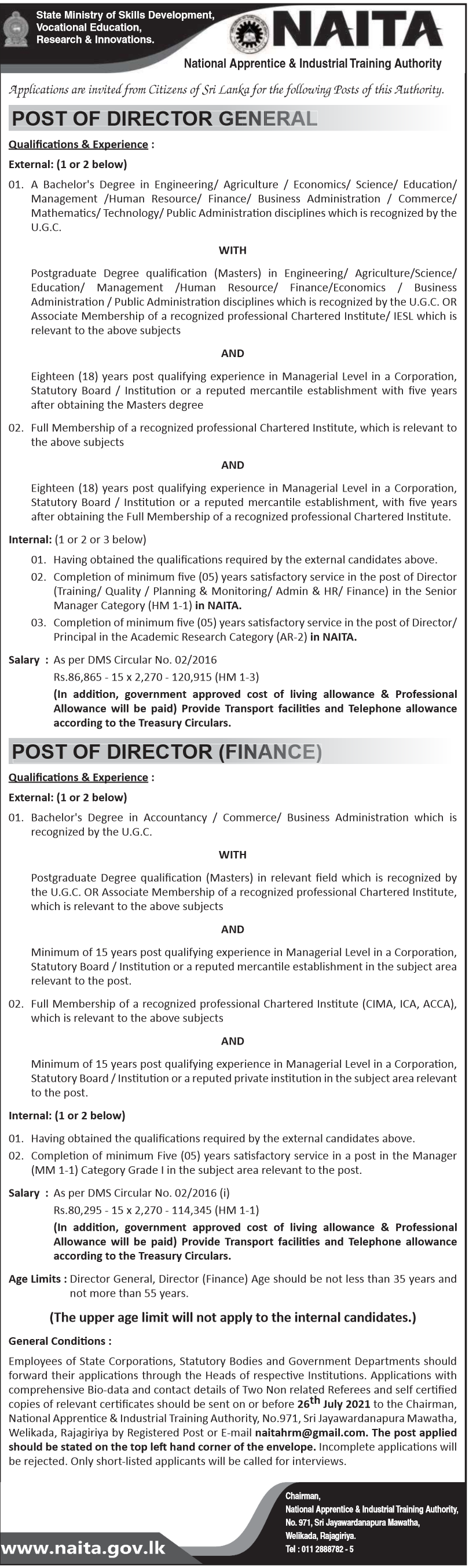 Director General, Director (Finance) 2021 – National Apprentice and Industrial Training Authority 2