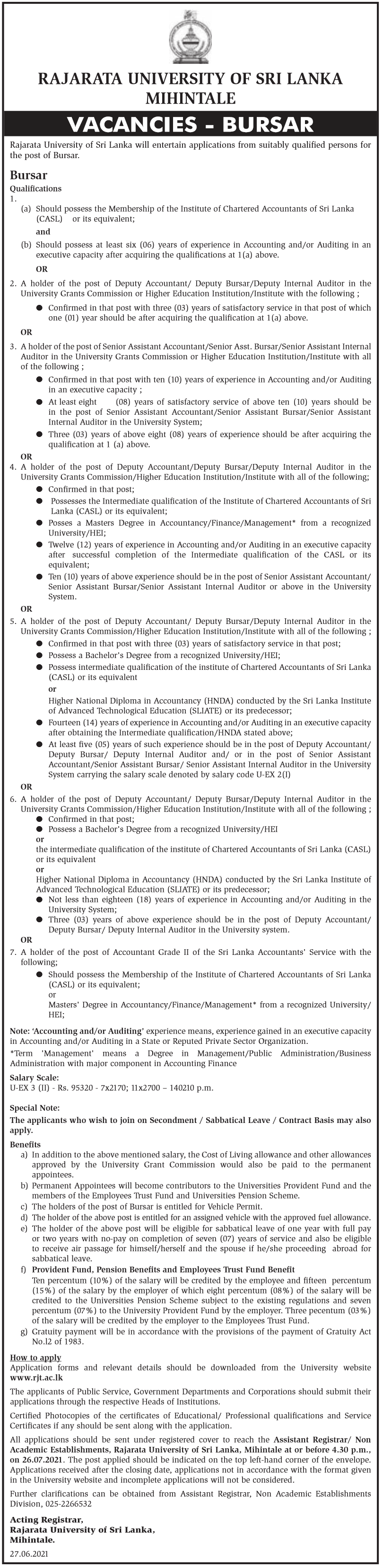 Bursar 2021 – Rajarata University of Sri Lanka