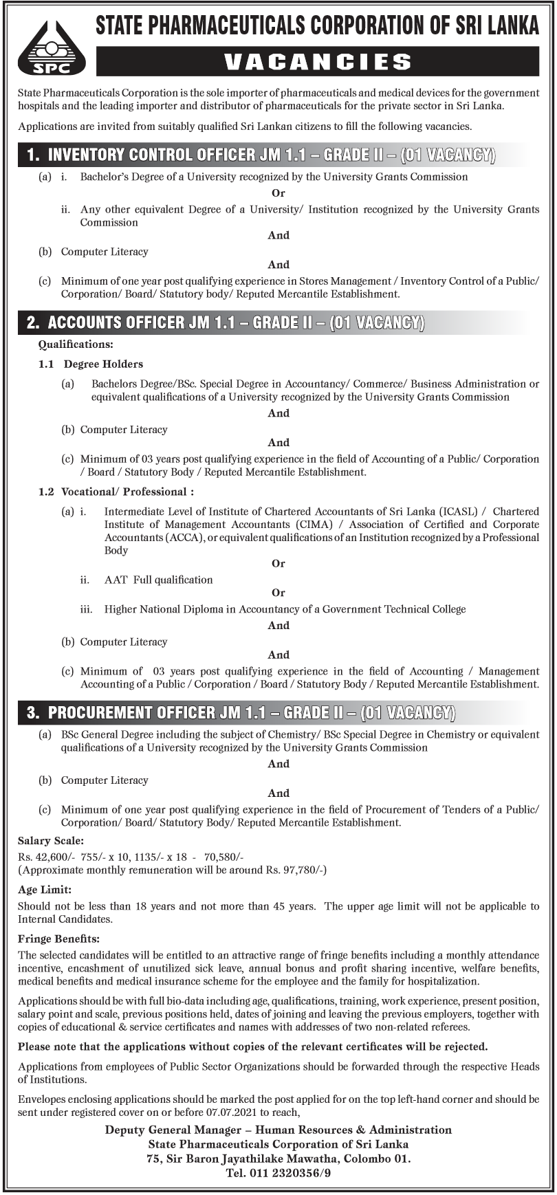 Inventory Control Officer, Accounts Officer, Procurement Officer 2021 – State Pharmaceuticals Corporation of Sri Lanka