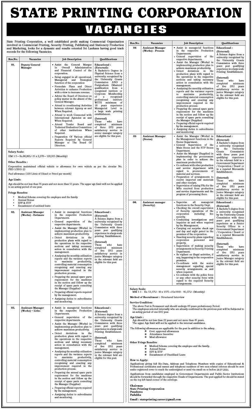 Deputy General Manager, Assistant Manager (Works – Estimate, Works – Litho, Works – Process, Stores, Security) 2021 – State Printing Corporation 2