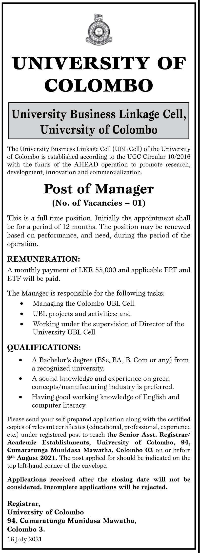 Manager 2021 – University Business Linkage Cell – University of Colombo