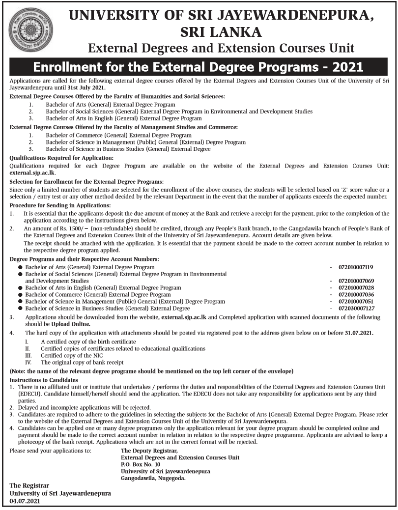 Enrollment for External Degree Programs 2021 – External Degrees and Extension Courses Unit – University of Sri Jayewardenepura 2