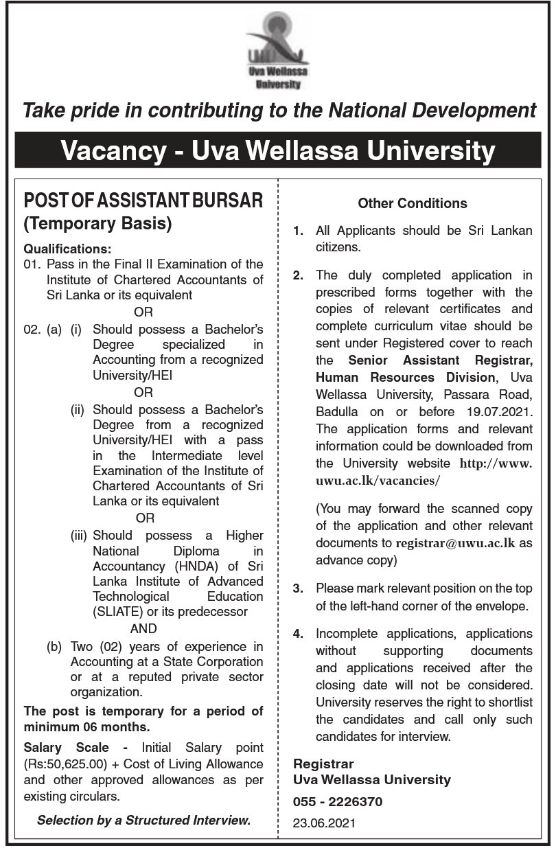 Assistant Bursar (Temporary Basis) 2021 – Uva Wellassa University
