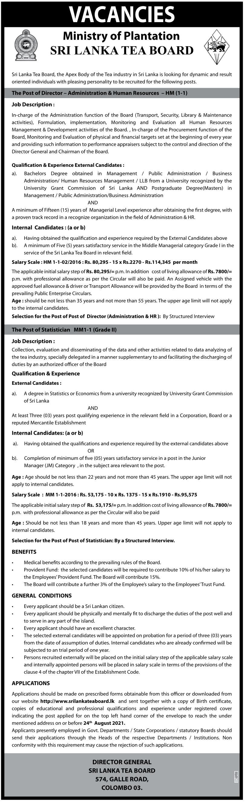 Statistician (Grade II), Director (Administration and Human Resources) 2021 – Sri Lanka Tea Board English