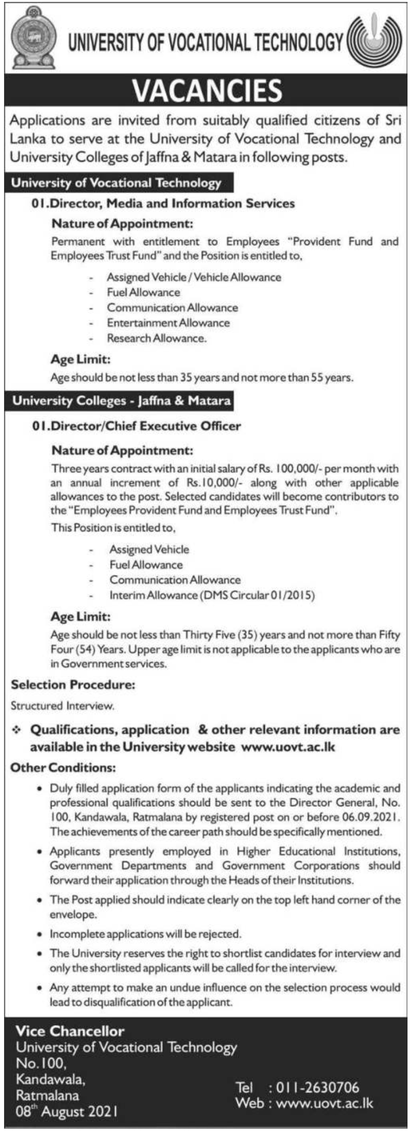 Director (Media and Information Services), Director / Chief Executive Officer 2021 – University of Vocational Technology
