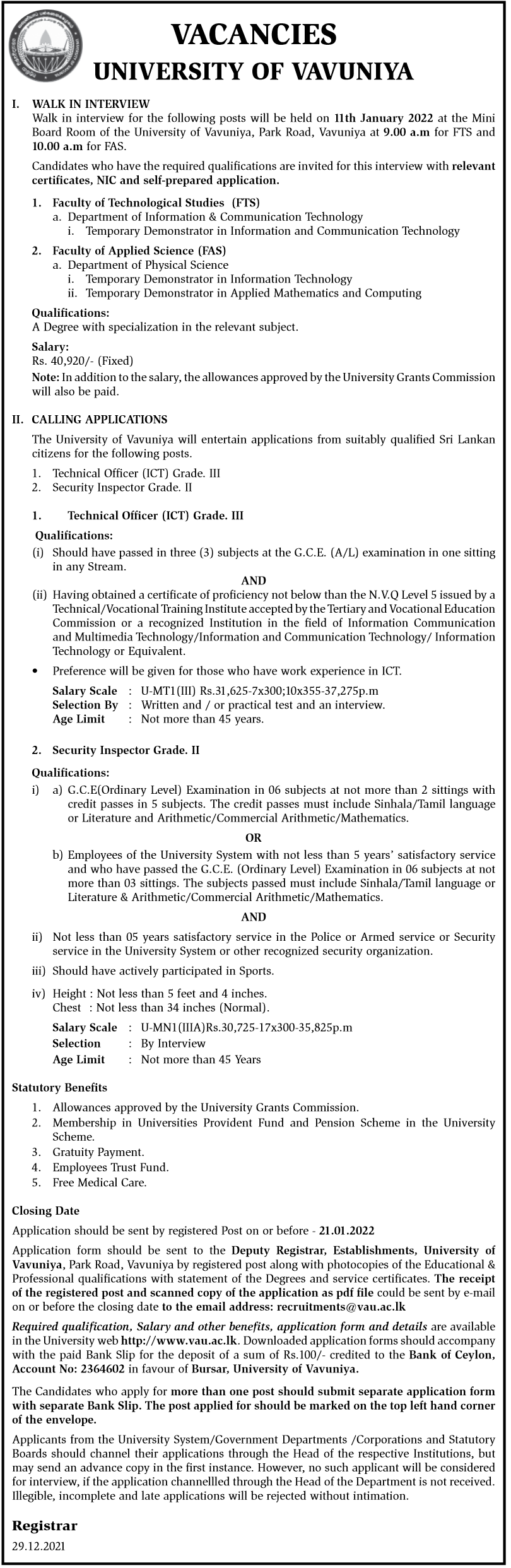 University of Vavuniya Vacancies - Technical Officer (ICT) Grade III ...