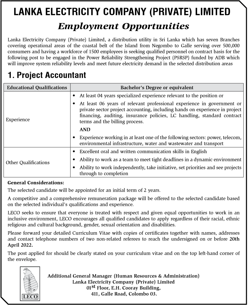 Lanka Electricity Company (Private) Limited - Project Accountant