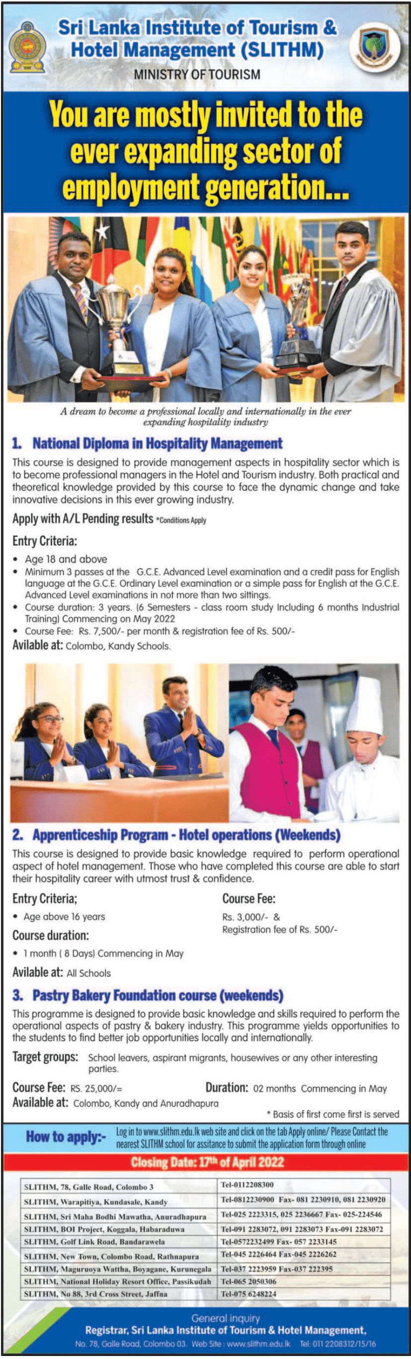 SLITHM Courses 2022 - National Diploma in Hospitality Management, Apprenticeship Program (Hotel Operations), Pastry Bakery Foundation Course