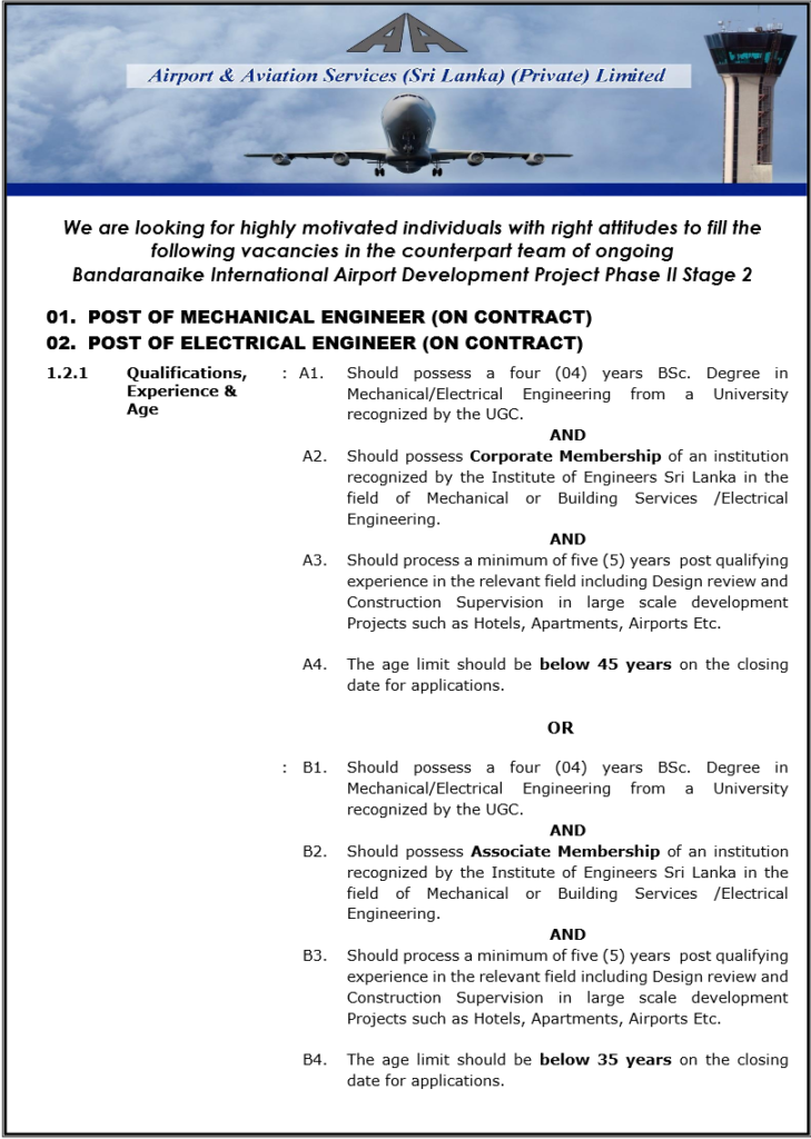 Mechanical Engineer, Electrical Engineer - Airport and Aviation Services (Sri Lanka) (Private) Limited