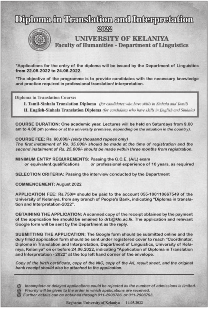 Diploma in Translation and Interpretation 2022 – Department of Linguistics 