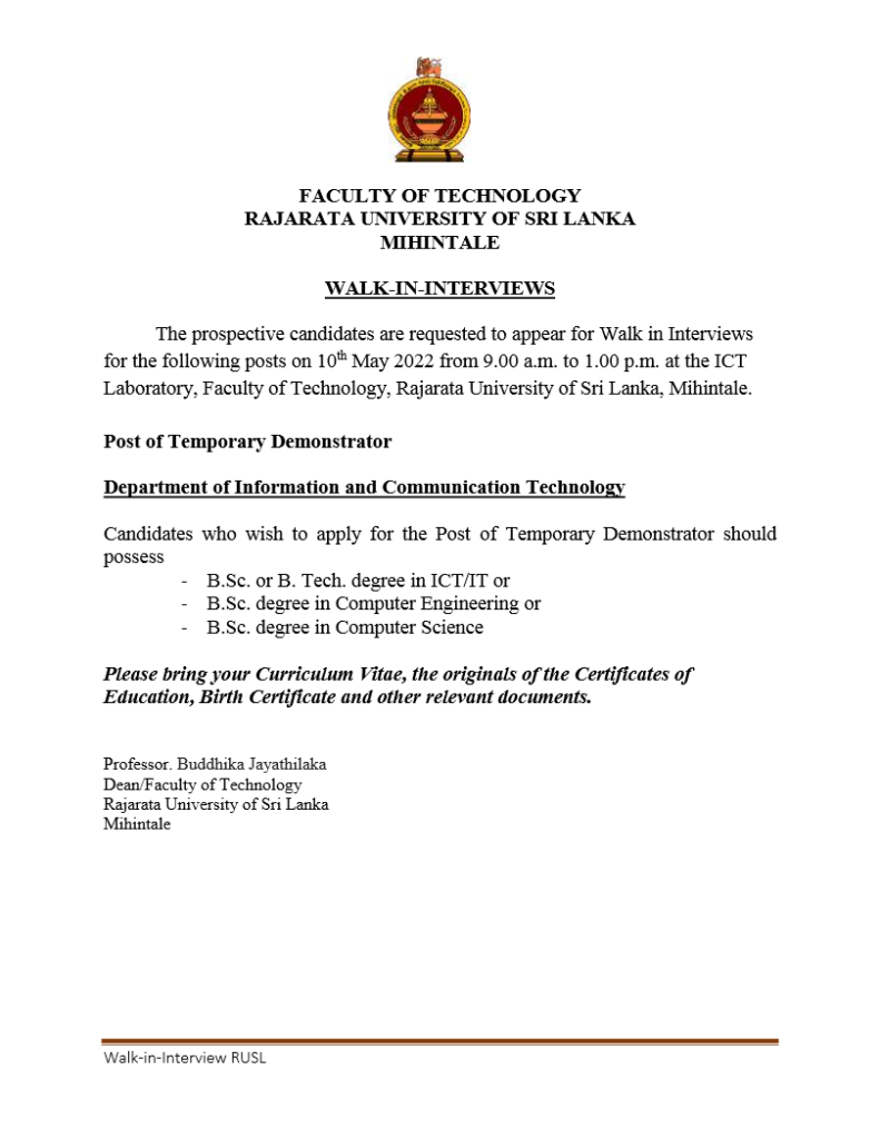 Temporary Demonstrator - Faculty of Technology - Rajarata University