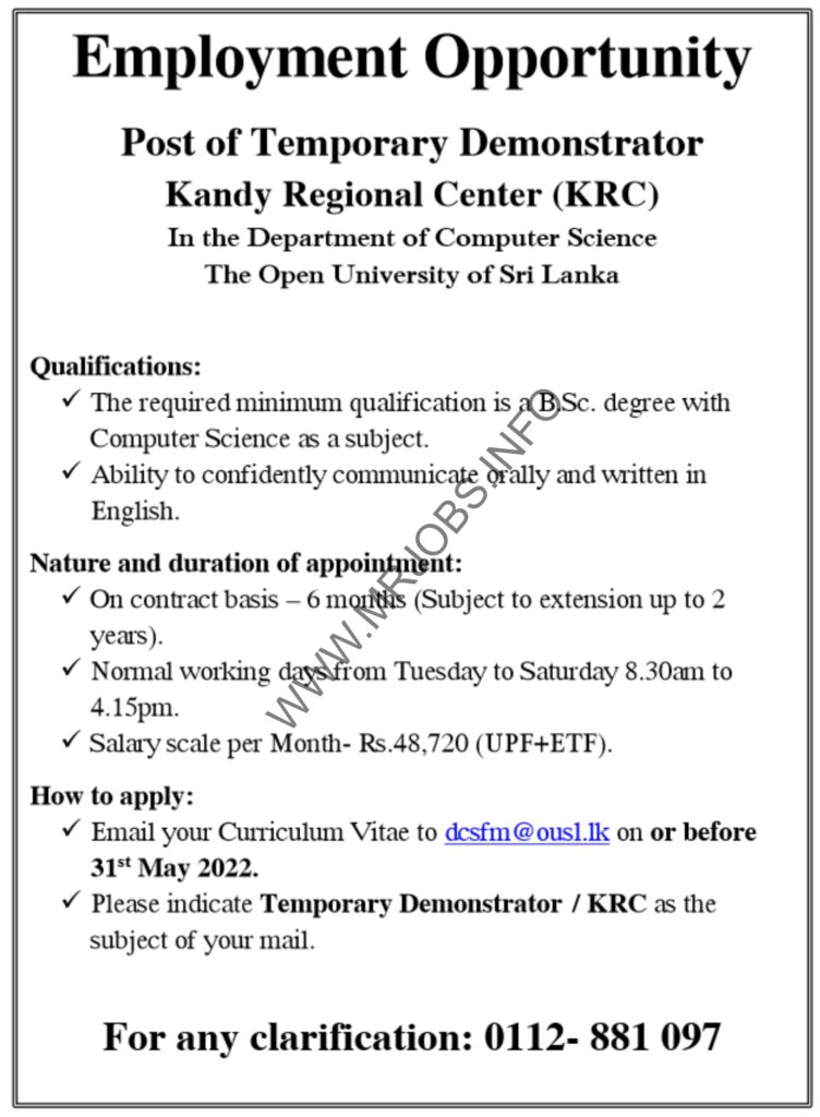 Temporary Demonstrator - Open University of Sri Lanka Vacancies 2022