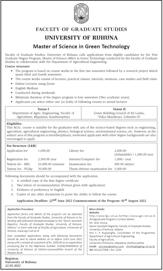 Master of Science in Green Technology 2022 – Faculty of Graduate Studies – University of Ruhuna