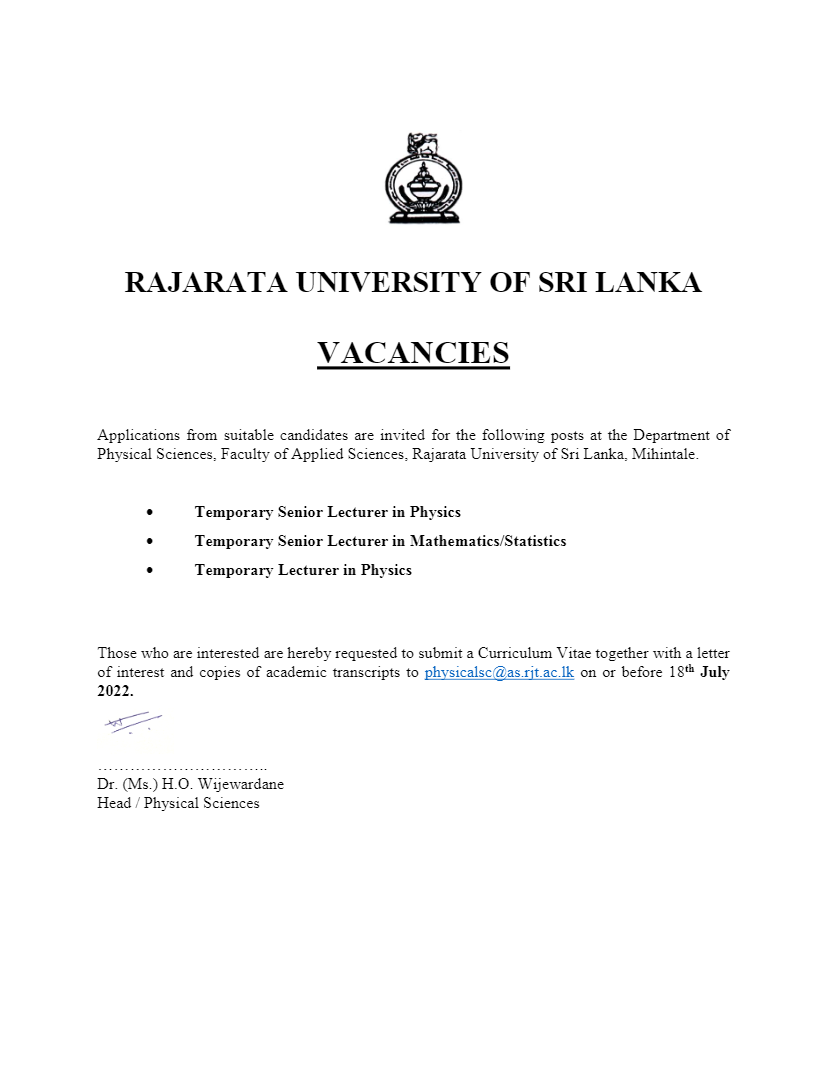 Rajarata University Lecturer Vacancies 2022