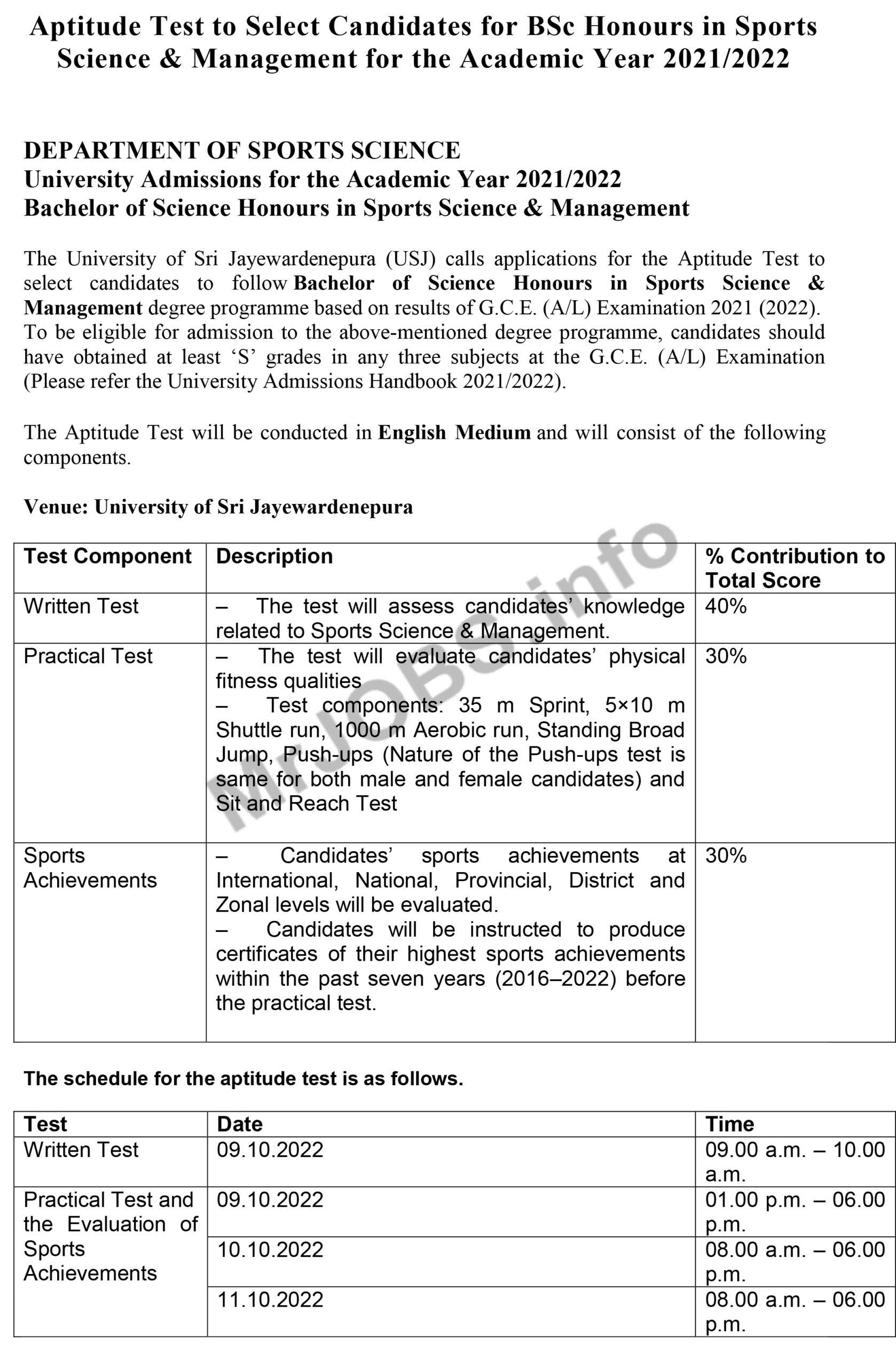 University of Sri Jayewardenepura Sports Sciences & Management Aptitude Test 2022