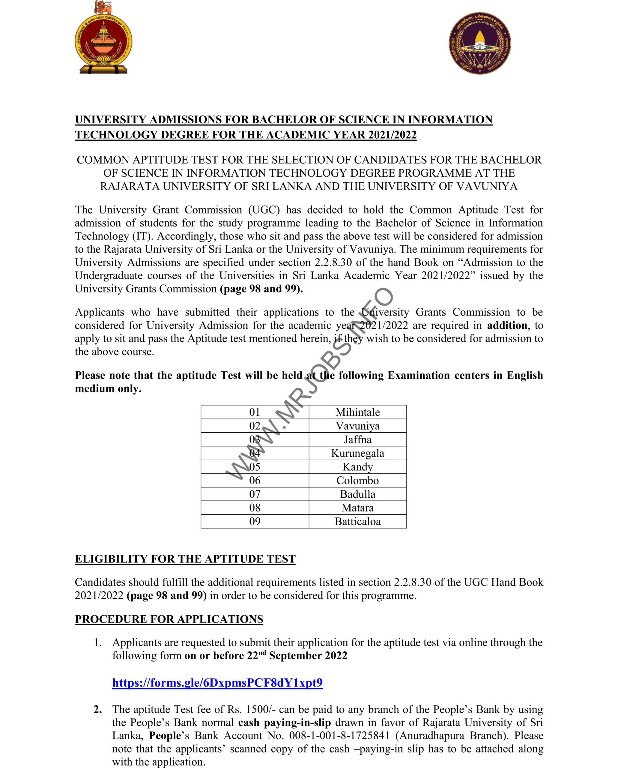 Rajarata University of Sri Lanka ICT Degree Aptitude Test Application 2022 1