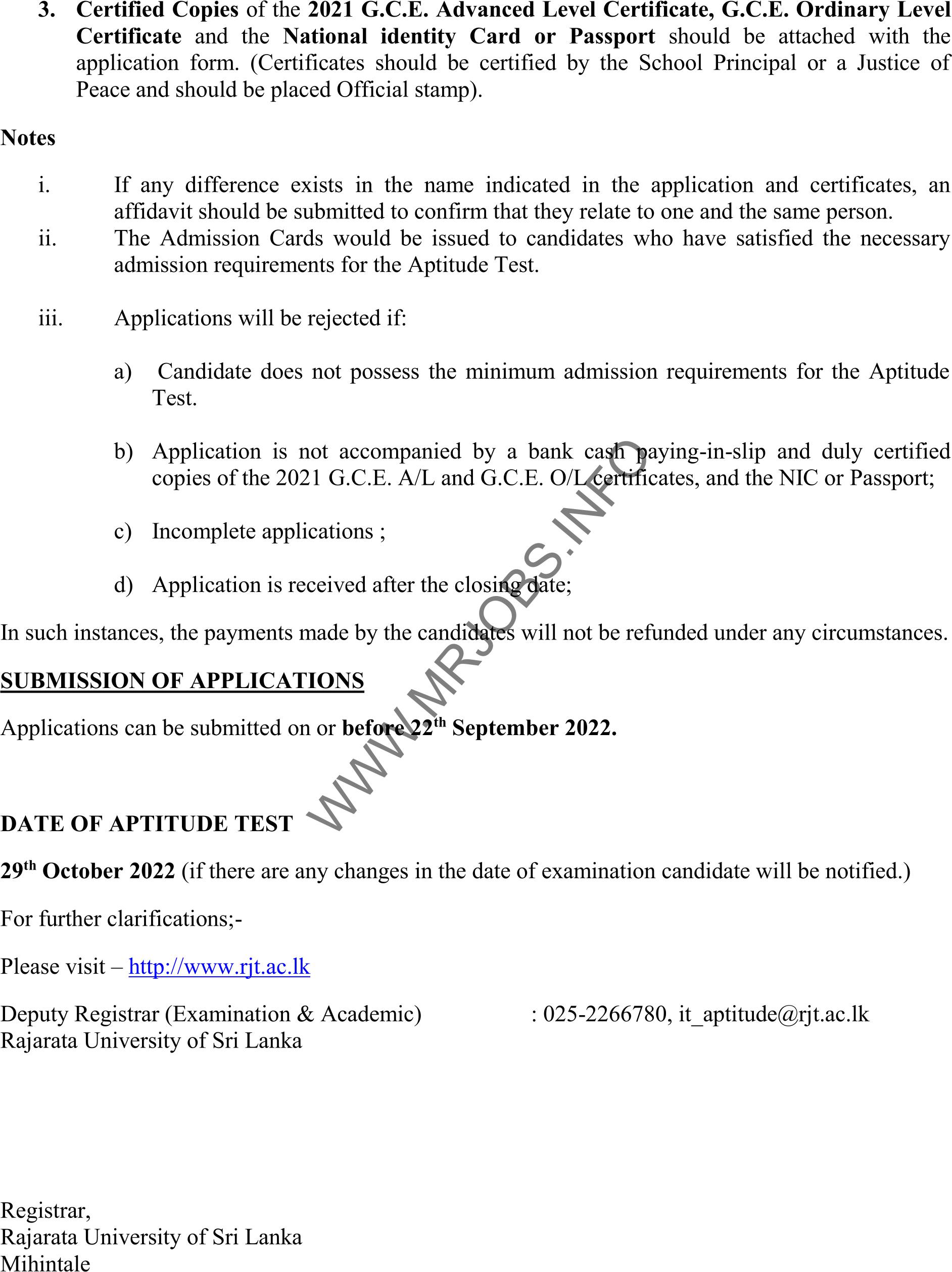 Rajarata University of Sri Lanka ICT Degree Aptitude Test Application 2022 2