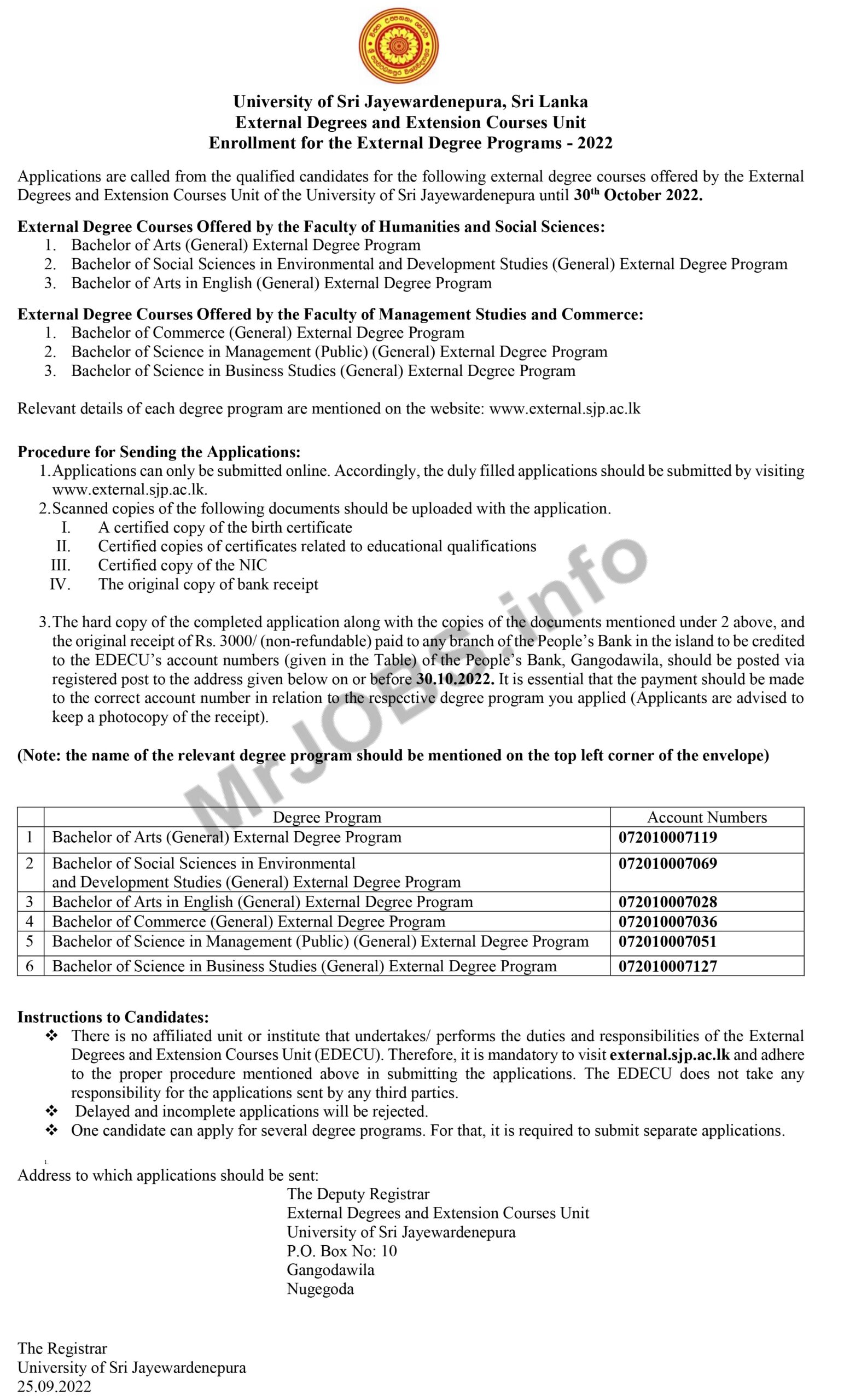 University of Sri Jayewardenepura External Degrees 2022 English