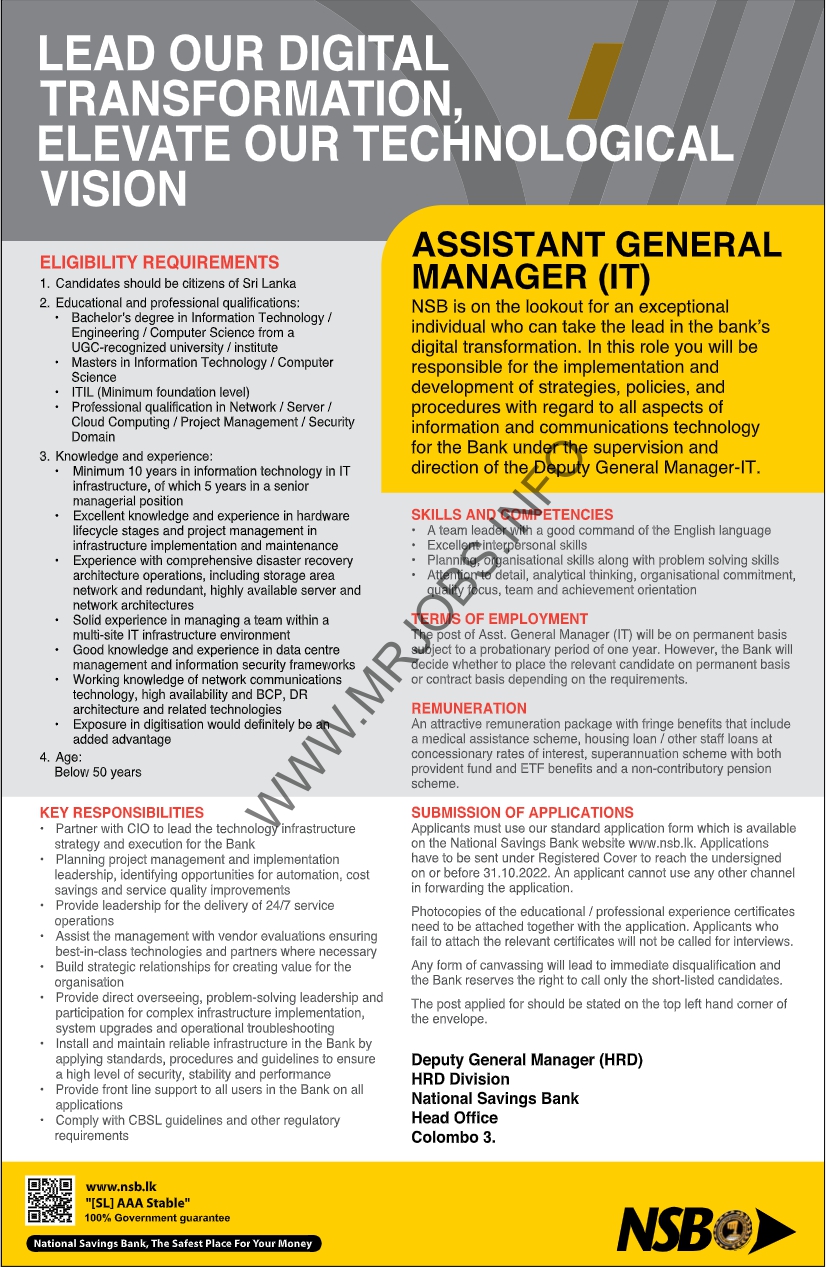 Assistant General Manager (IT) National Savings Bank
