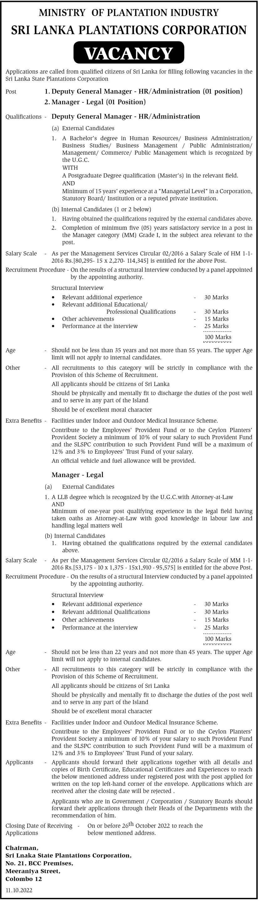 Deputy General Manager HR Administration- Manager Legal – Sri Lanka State Plantations Corporation
