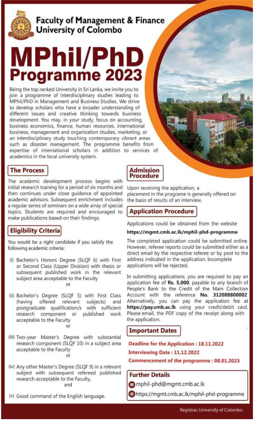 Mphil PhD Programme 2023 University of Colombo