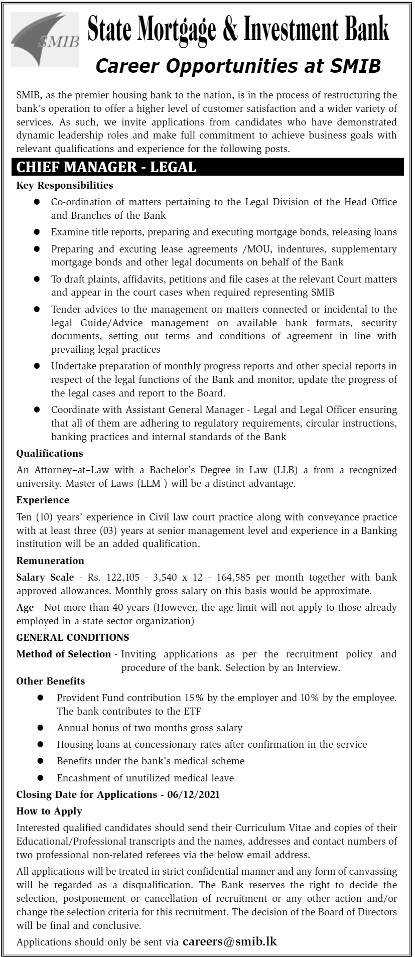State Mortgage and Investment Bank Vacancies - Chief Manager (Legal)