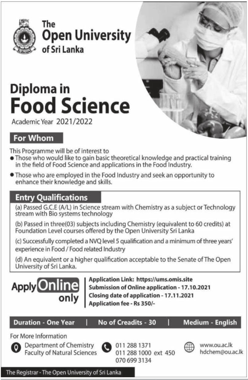 The Open University of Sri Lanka (OUSL)-Diploma in food science 2021