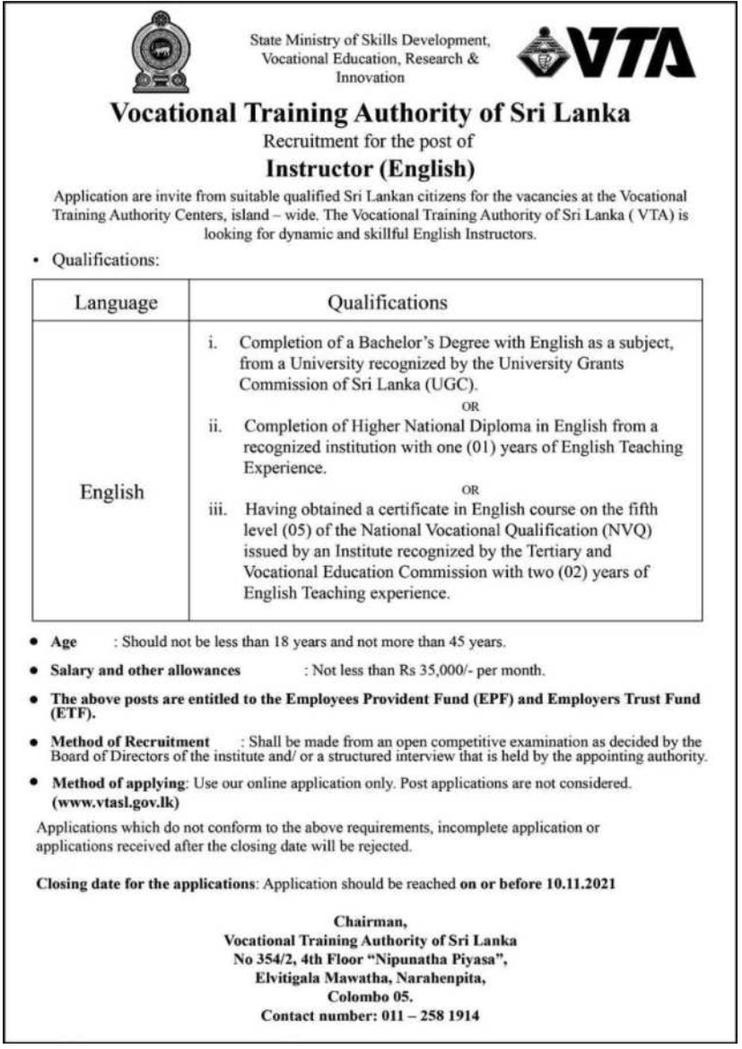 Vocational Training Authority-Instructor English