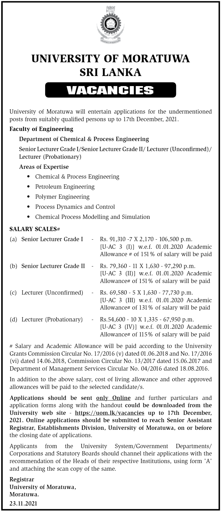University of Moratuwa Vacancies - Senior Lecturer Grade, Lecturer , Lecturer