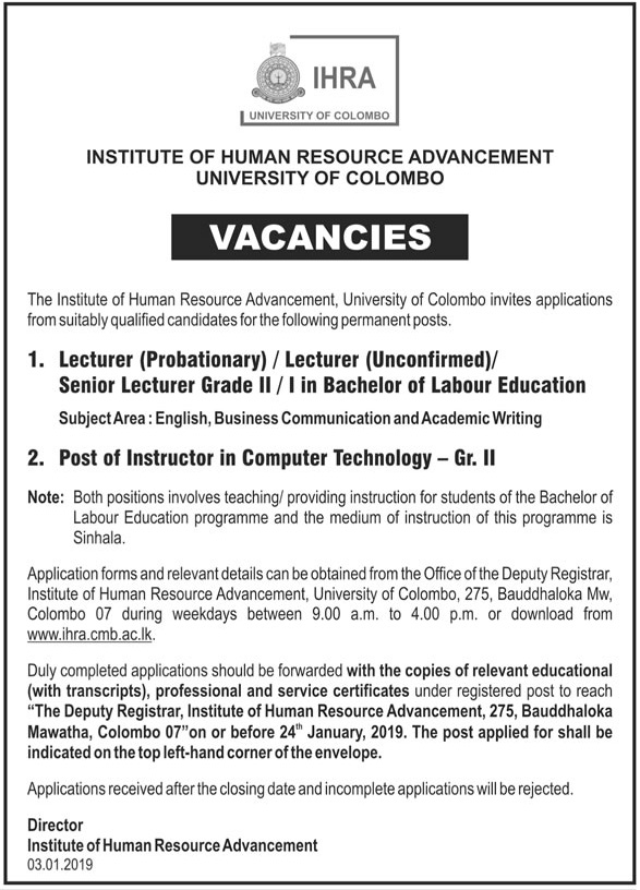 Lecturer (Probationary), Lecturer (Unconfirmed), Senior Lecturer (Grade II / I), Instructor -University of Colombo