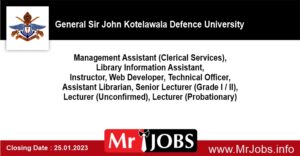 Management Assistant, Library Information Assistant, Instructor, Web Developer, Technical Officer, Assistant Librarian, Senior Lecturer – General Sir John Kotelawala Defence University Vacancies 2023