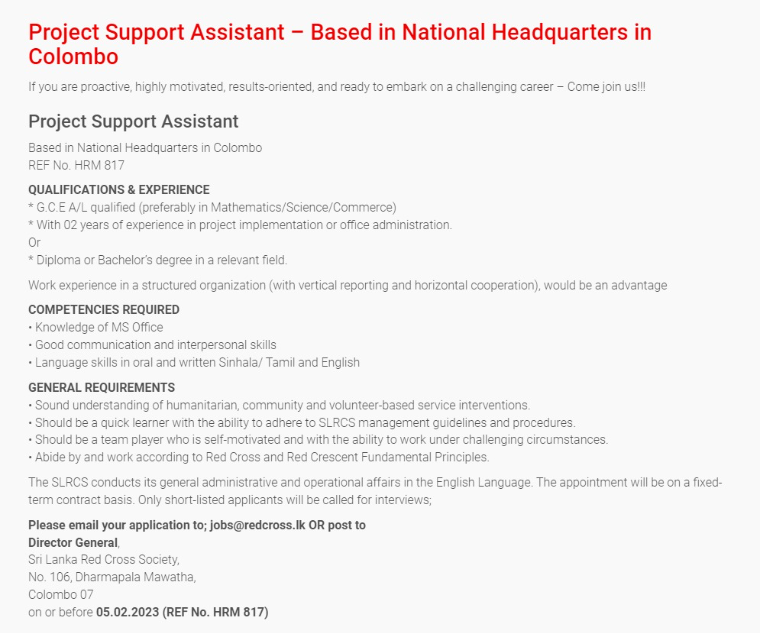 Project Support Assistant Sri Lanka Red Cross Society 2023
