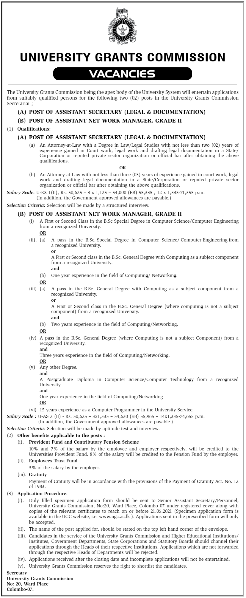 Assistant Secretary (Legal and Documentation), Assistant Network Manager – University Grants Commission