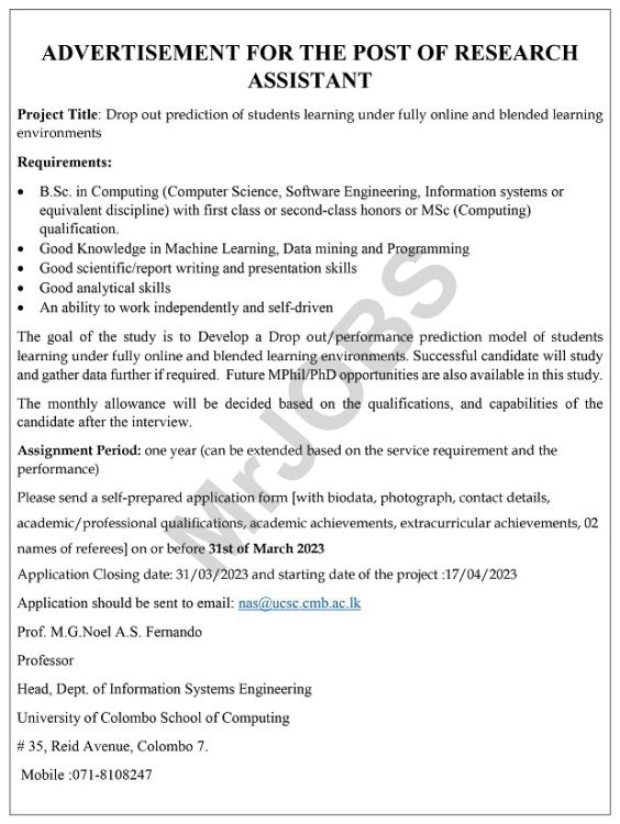 research assistant vacancies in university of colombo