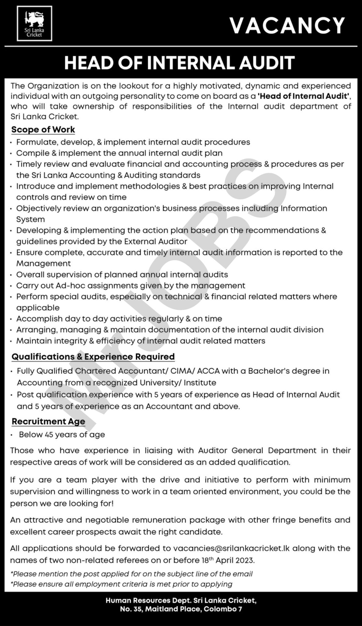 Head of Internal Audit - Sri Lanka Cricket Vacancies 2023