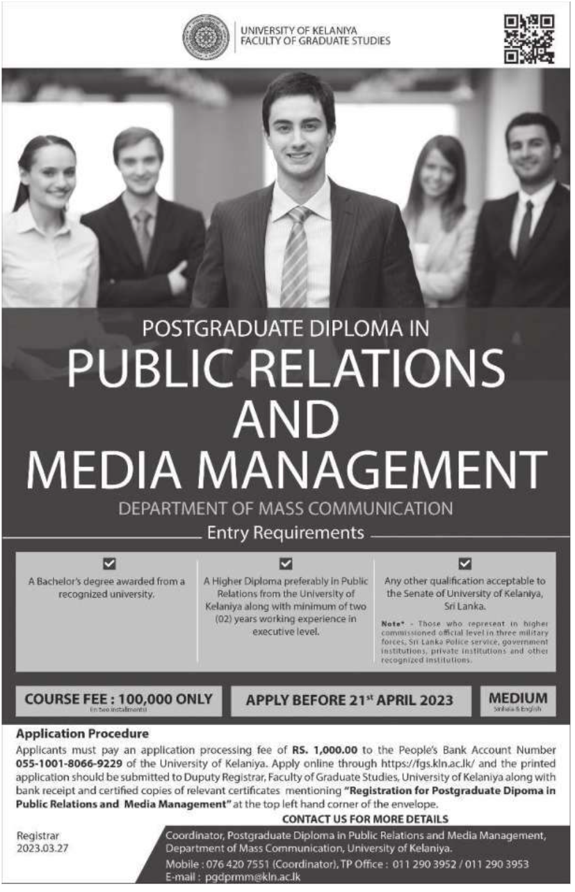 Postgraduate Diploma in Public Relations and Media Management 2023 University of Kelaniya