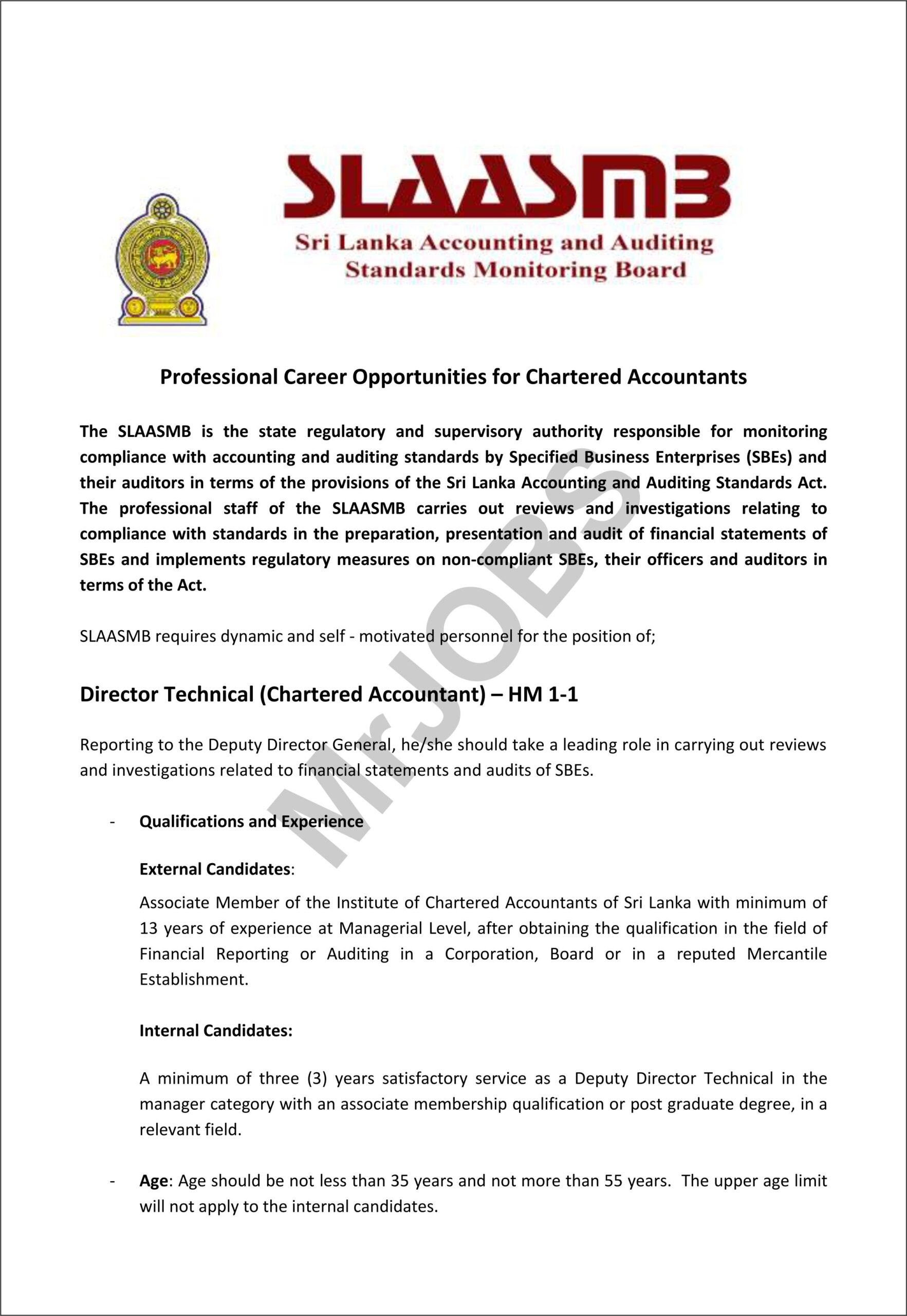 Chartered Accountant as Director (Technical) - SLAASMB