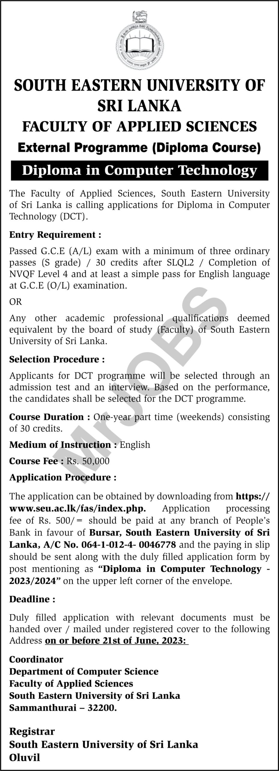 Diploma In Computer Technology 2023 SEUSL MrJOBS info