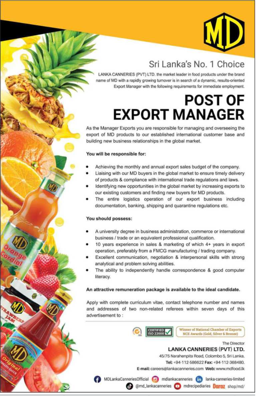 Export Manager – Lanka Canneries (Pvt) Ltd Vacancies 2023