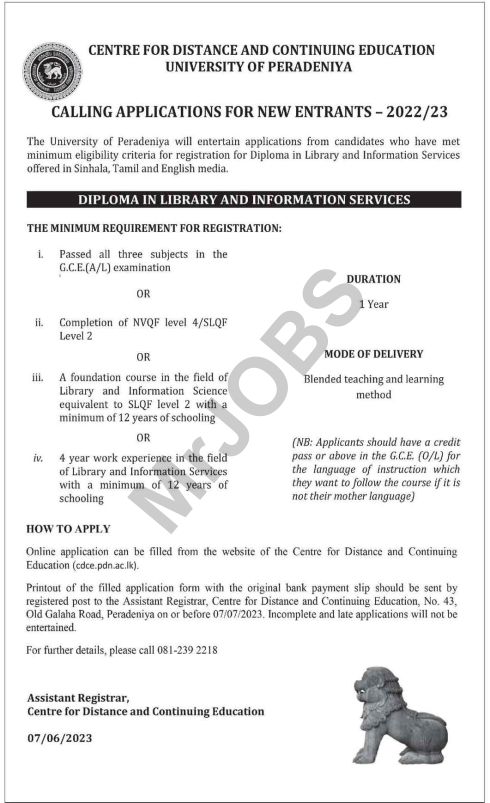 Diploma in Library and Information Services 2022/2023 - University of Peradeniya