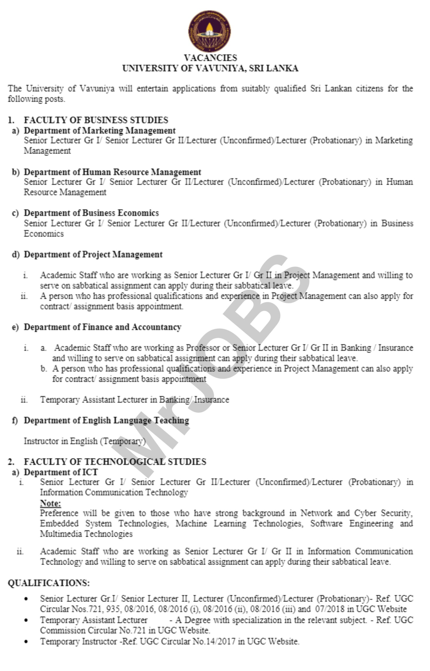 Senior Lecturer, Temporary Assistant Lecturer, Instructor in English – University of Vavuniya Vacancies 2023