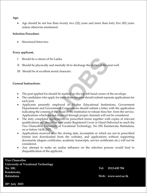 Demonstrator - University of Vocational Technology Vacancies 2023 2