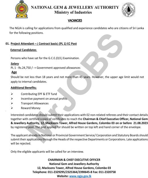 Project Attendant National Gem Jewellery Authority Vacancies 2023